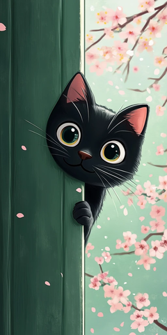 黑猫躲绿墙樱花背景