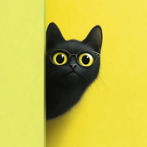 黑猫绿墙前戴眼镜俏皮