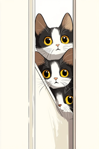 三只小猫躲在门后