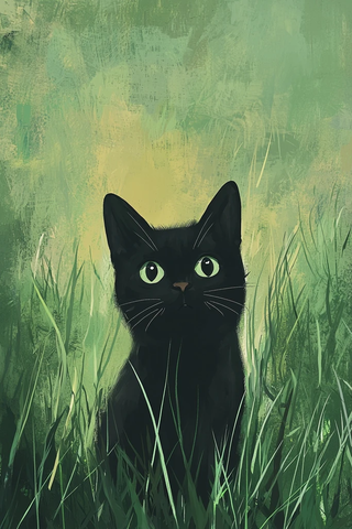 黑猫绿野简约插画