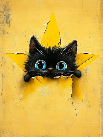 黄星纸片与黑猫插画