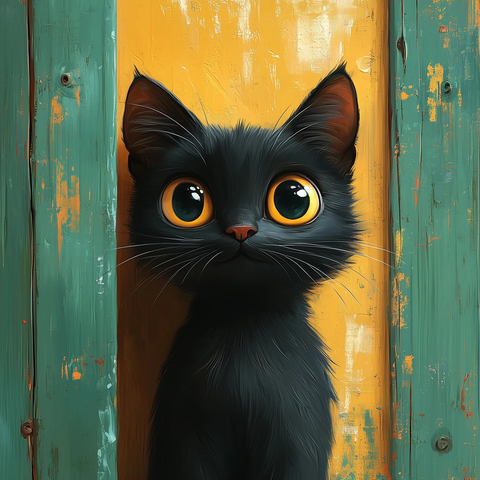 黑猫绿墙卡通插画