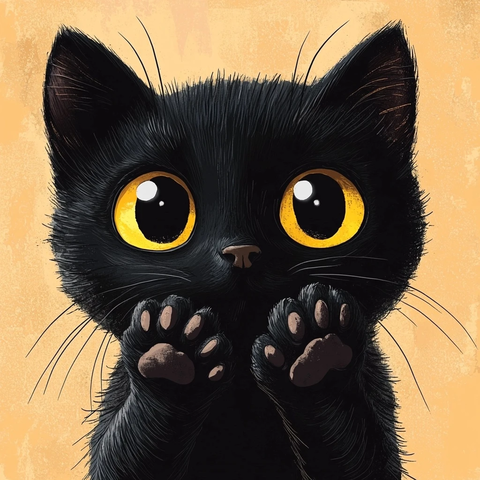 小黑猫举爪可爱插画