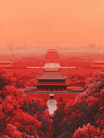 故宫全景图被红色氛围笼罩的古建筑群