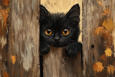 黑猫趴木栅栏秋日插画