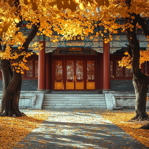 古建筑门前金黄银杏叶铺满地的景象