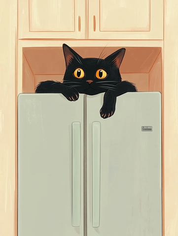 黑猫躲冰箱旁露头伸爪