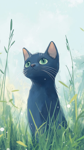 灰色蓝猫绿野油画