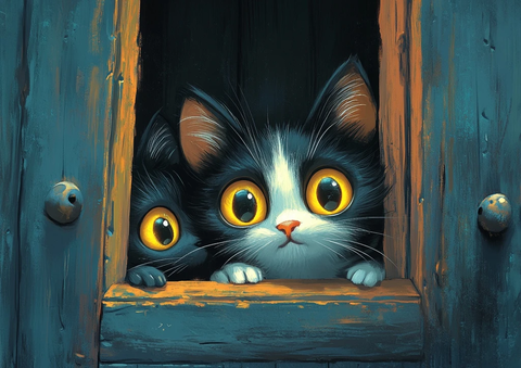 黑白猫躲门后偷看黄眼猫