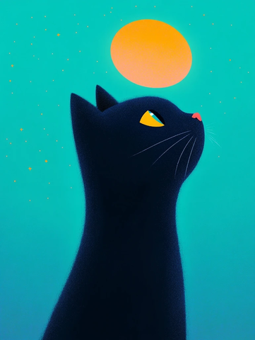 满月星空与小猫插画