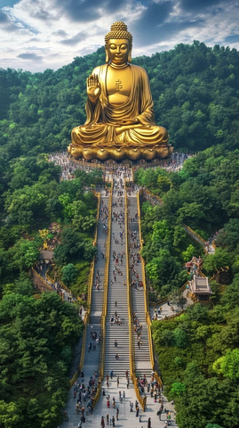 俯瞰大佛及阶梯上众多游客的壮观景象