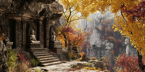 山林中带有佛像的古旧石窟场景