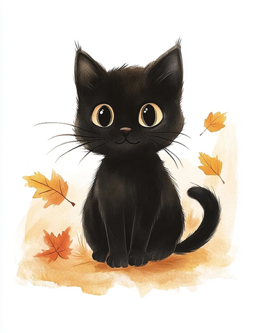 黑猫玩趣坐姿秋叶飘落