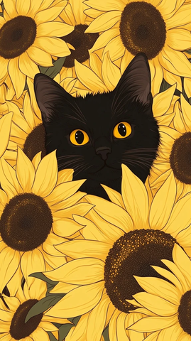 黑猫藏于向日葵花丛中