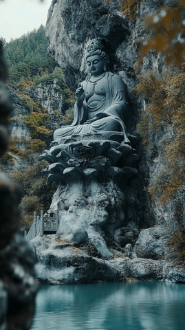 水边石崖上的佛像雕塑