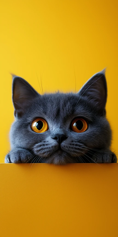 英短猫探头桌边黄色背景