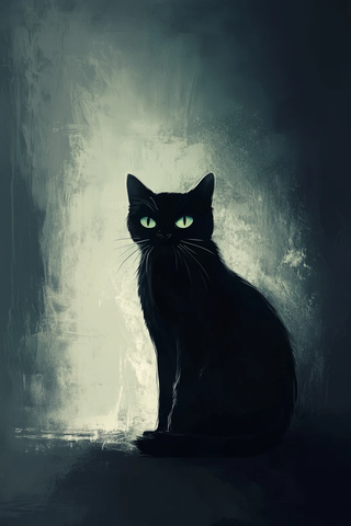 黑猫静坐凝视绿眼雾背景