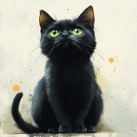 黑猫绿眼水彩坐姿
