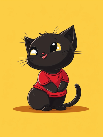 黑猫穿红恤蹲地舔毛