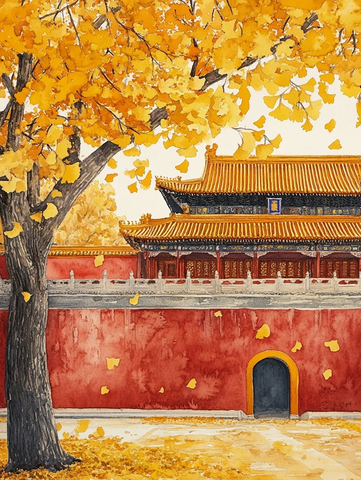 红墙黄瓦古建筑旁的金黄银杏树