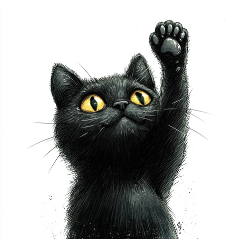 黑猫举爪卡通蜡笔画