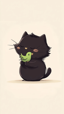 黑猫抓绿鸟儿童插画