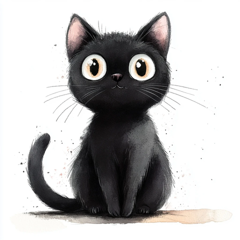 黑猫坐姿头部倾斜水彩插画