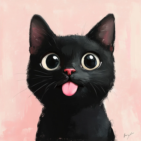 粉红背景黑猫吐舌坐姿