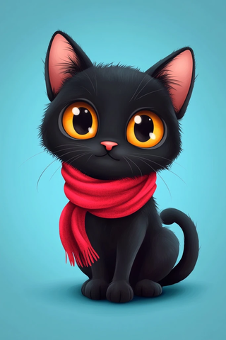 黑猫玩红围巾蓝背景插画