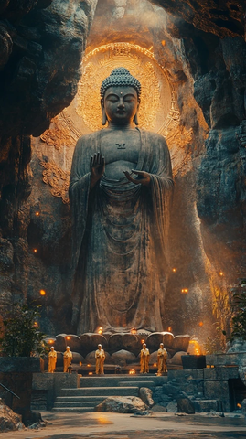 石窟内的大佛及周边小佛像景象