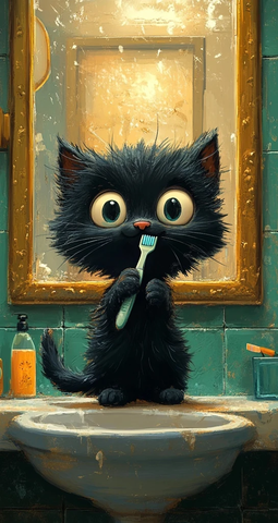 黑猫刷牙卡通插画