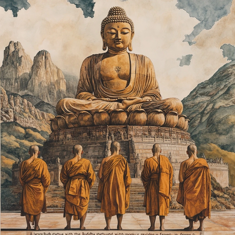 大佛前有五位僧人站立的景象