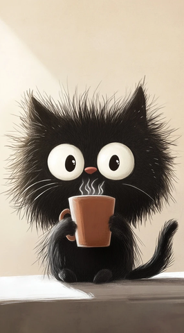 黑猫喝咖啡插画
