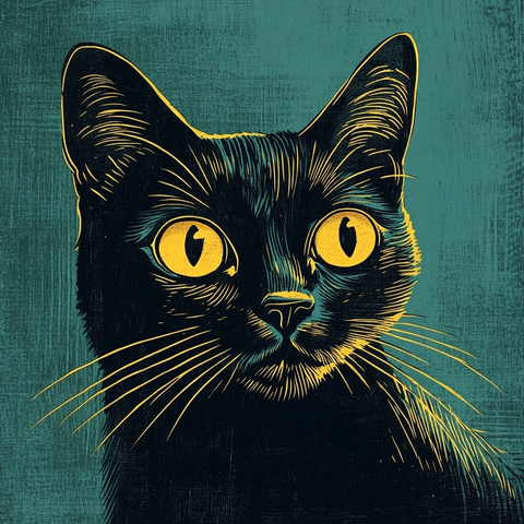 金眼黑猫木刻版画