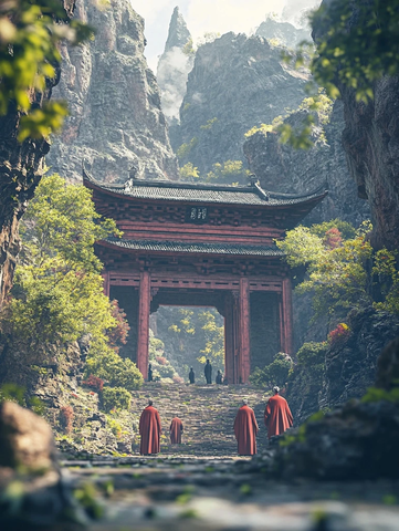 山间古牌坊下的僧人