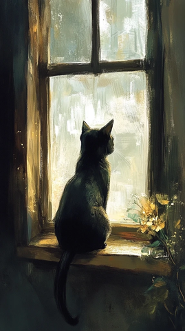 黑猫静坐窗边观景