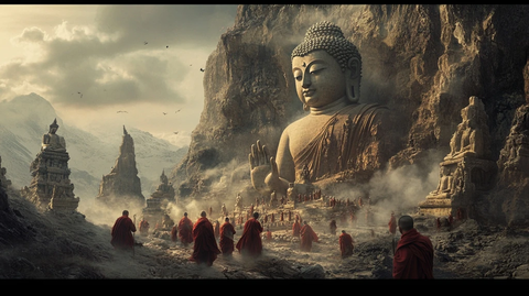 大佛雕像下众多僧人行走的壮观场景
