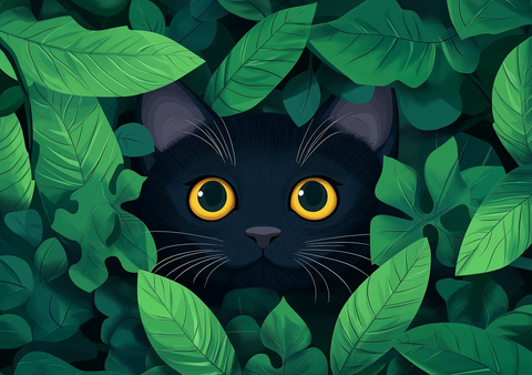 黑猫躲藏绿叶中