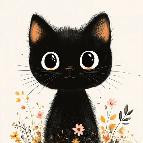 黑猫与花叶插画