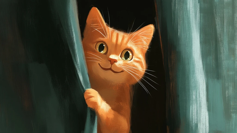 橙猫微笑躲藏天鹅绒窗帘后