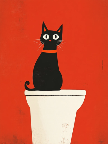 黑猫白马桶红背景矢量插画