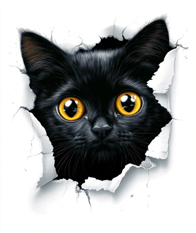 黑猫黄眼透过破墙纸