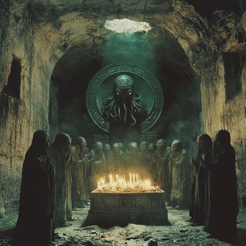 洞穴中围着蜡烛的神秘黑袍人祭祀仪式