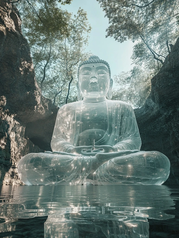 山林中静坐的透明佛像特写