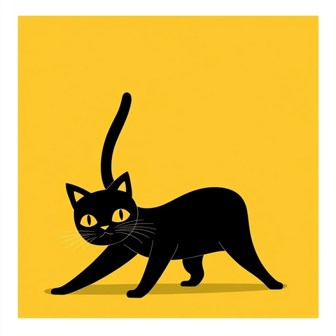 黄色背景黑猫伸展图
