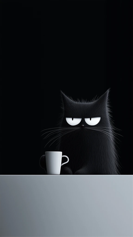 疲惫猫卡通手捧咖啡