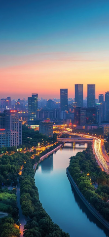 城市河流夜景与璀璨高楼交相辉映