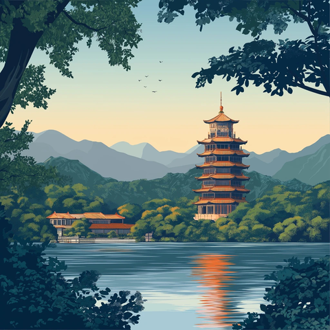 山水间的古塔风景