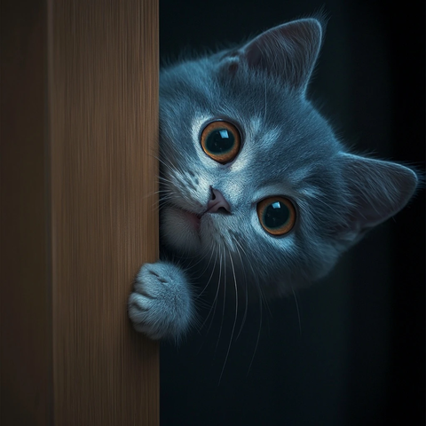 蓝猫躲门后露尾表情