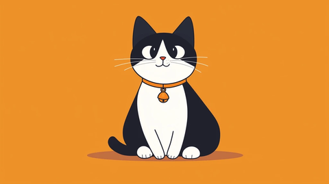 黑白猫坐姿铃铛橙色背景